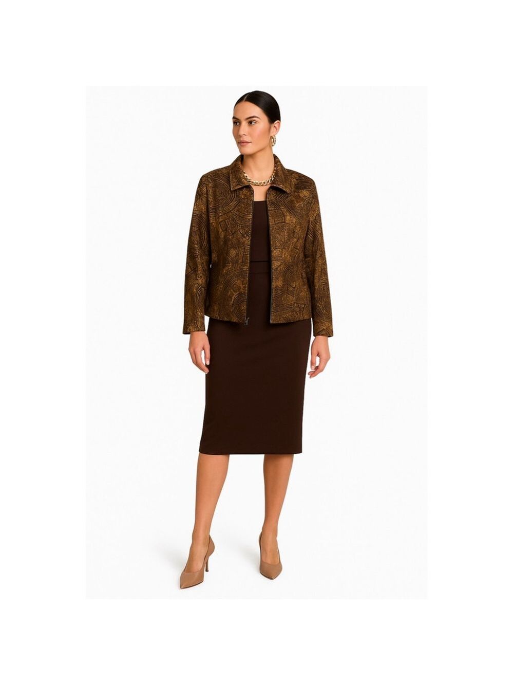 Vintage Joseph Ribkoff Brown Gold Geometric Velvet Jacket Made in Canada Sz 14